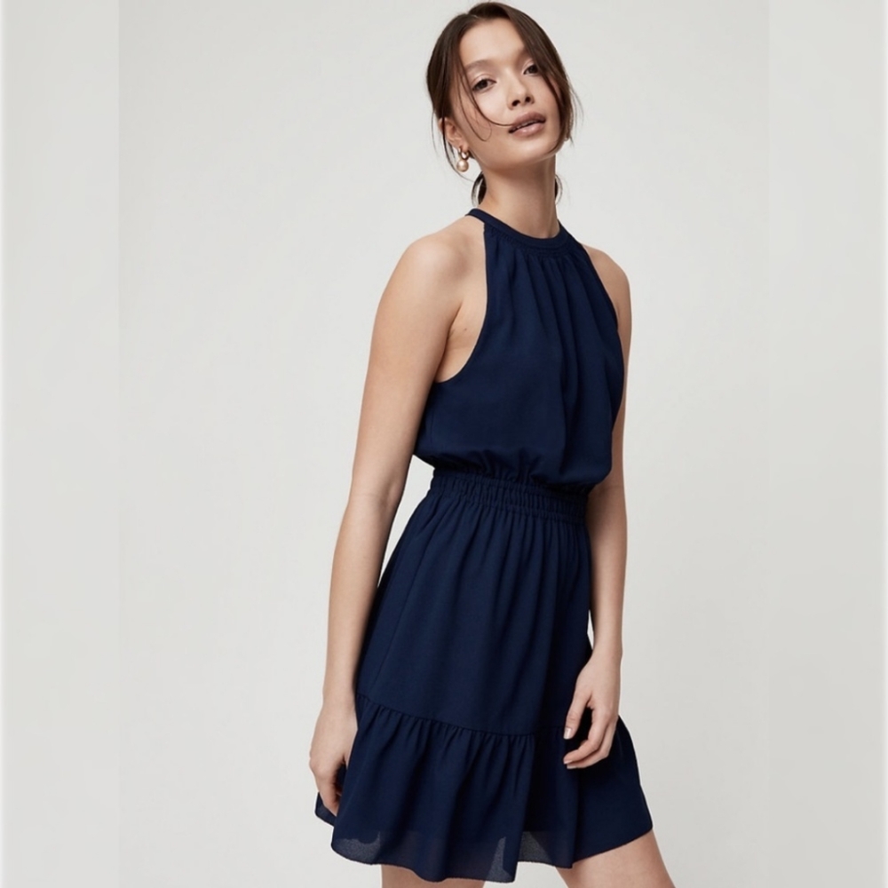 Wilfred Artizia | Effet Dress Navy Blue Small Halter Neck Ruched Waist Sleeveles